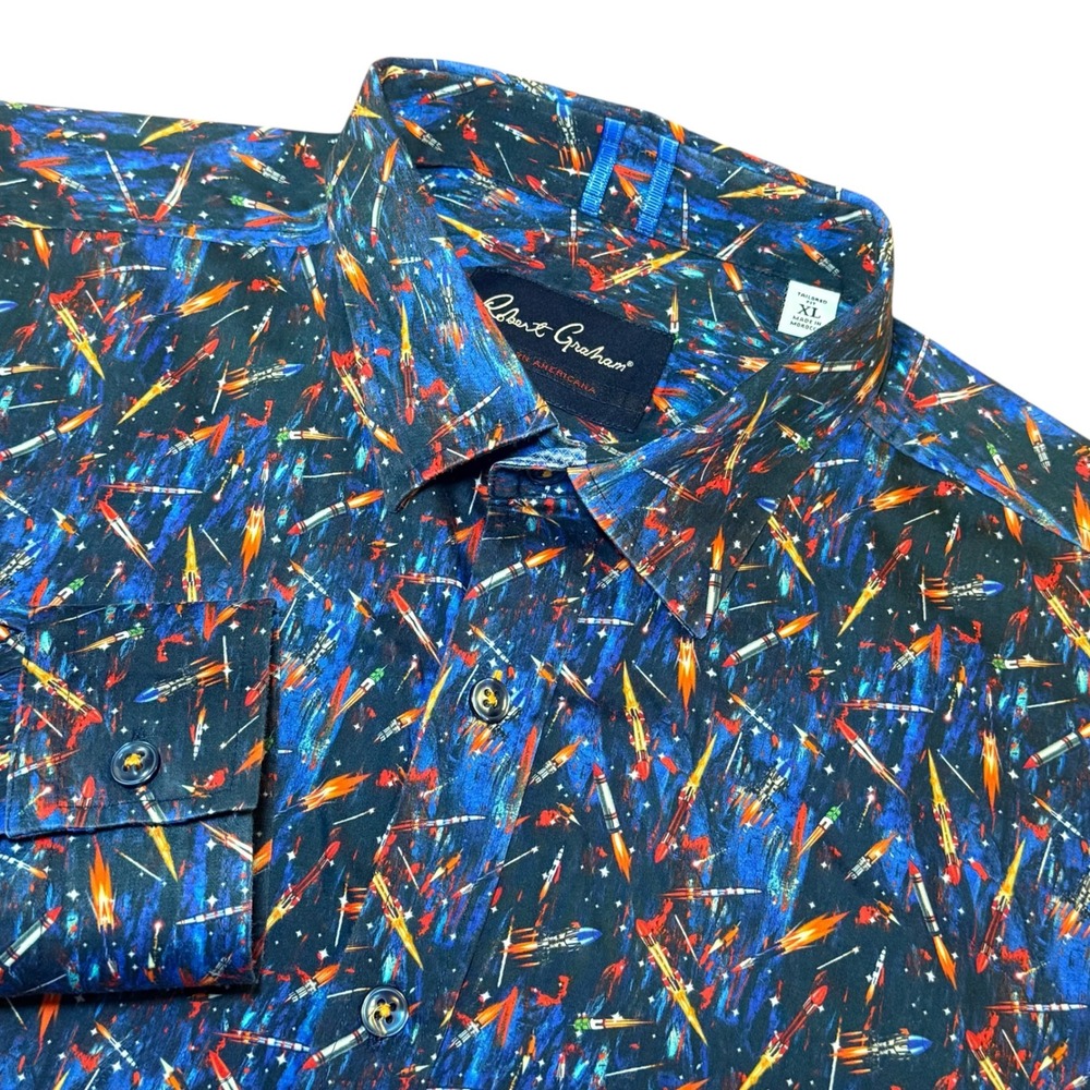 Robert Graham Modern Americana Shirt Rocket Space Print Mens XL Tailored Fit L/S